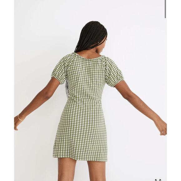 Madewell Jacquard Puff-Sleeve Preppy Mini Dress in Green Gingham Check Size XXS - Picture 2 of 8